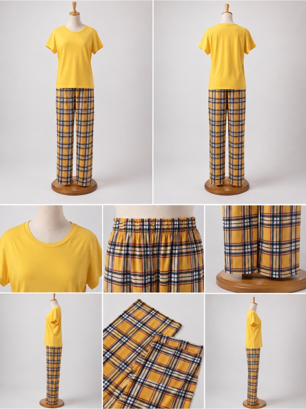 Yellow Plaid Women’s Set – Short Sleeve Tee & Plaid Lounge Pants